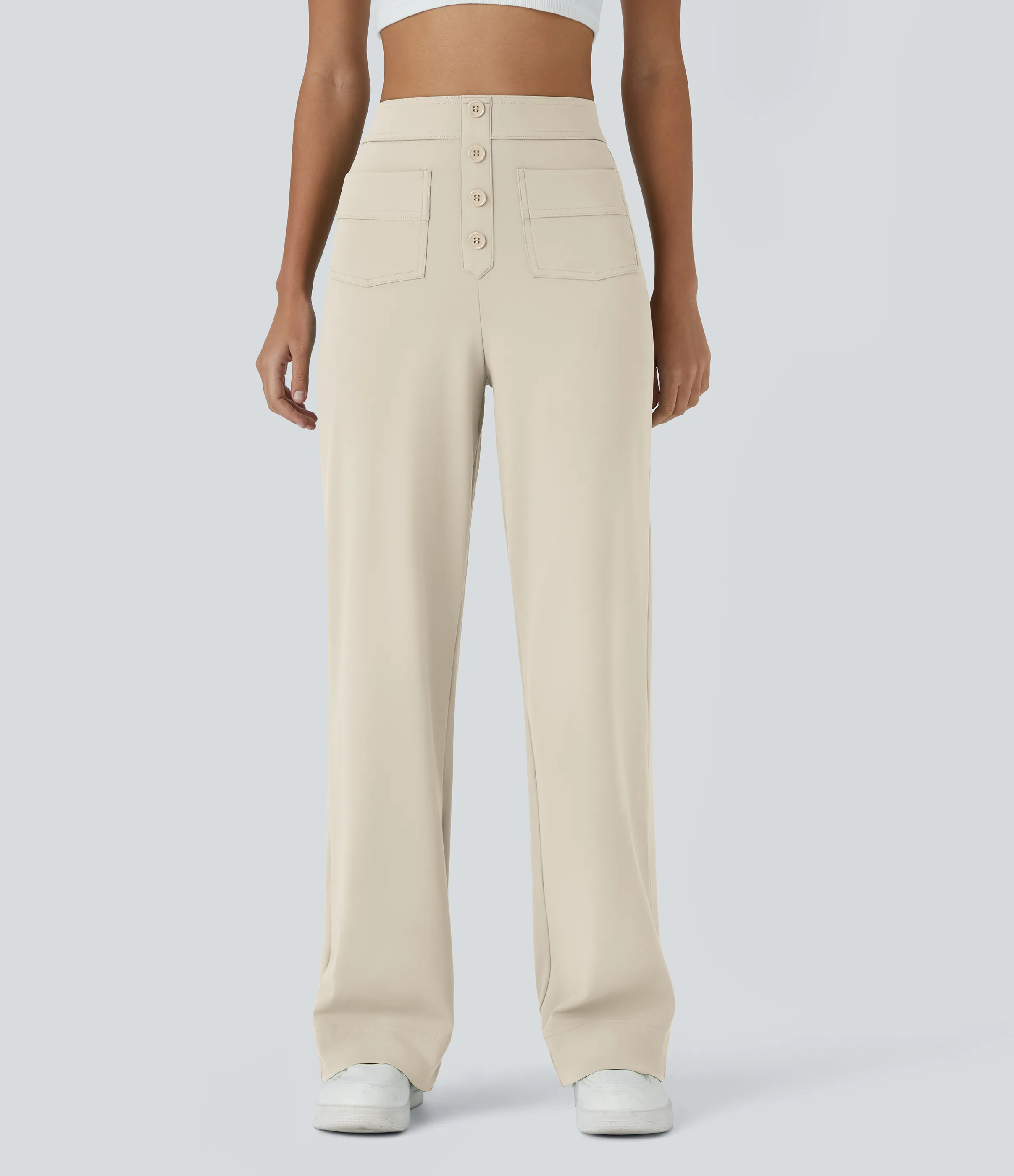 Halara Pantalones pierna recta múltiple bolsillo botón tiro alto - Oat Milk - XS(expetite) sold by Halara product image thumbnail 2