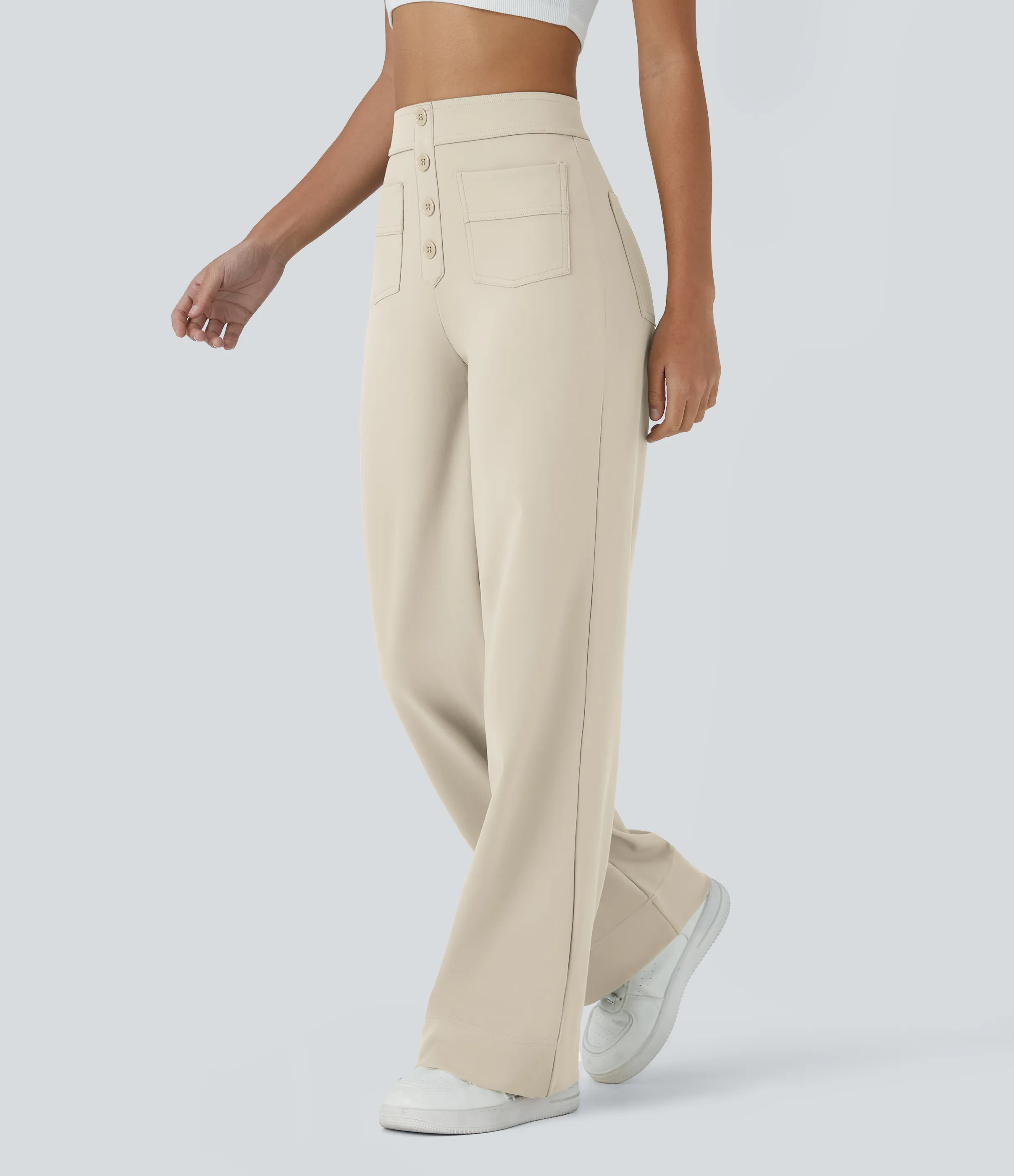 Halara Pantalones pierna recta múltiple bolsillo botón tiro alto - Oat Milk - XS(expetite) sold by Halara product image thumbnail 4
