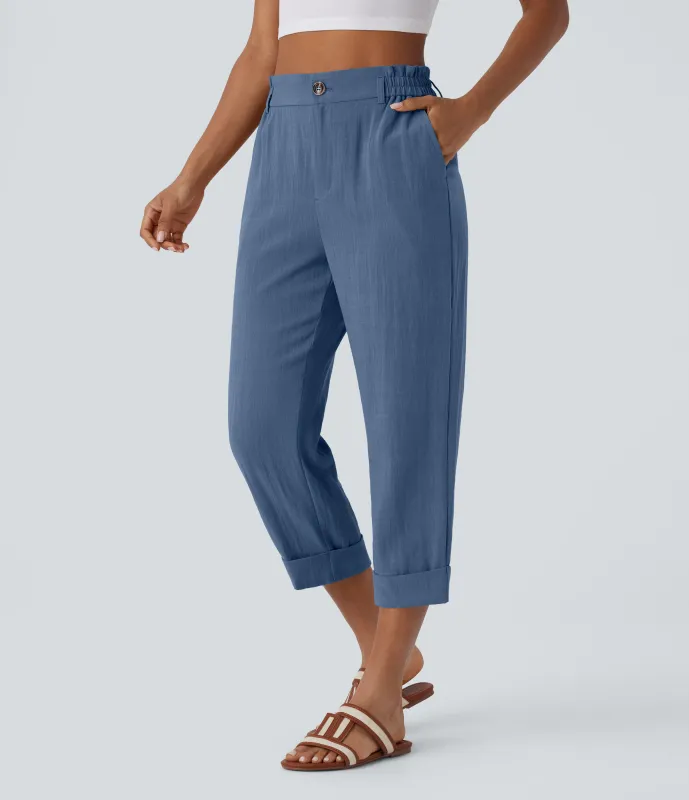 Halara Pantalón capri lino tiro alto bolsillo lateral cremallera botón - Blue Horizon - XL(regular) made by Halara