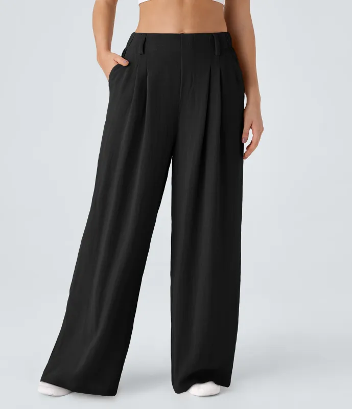 Halara Pantalón tiro alto bolsillo lateral plisado pierna ancha - Black - L(regular) made by Halara