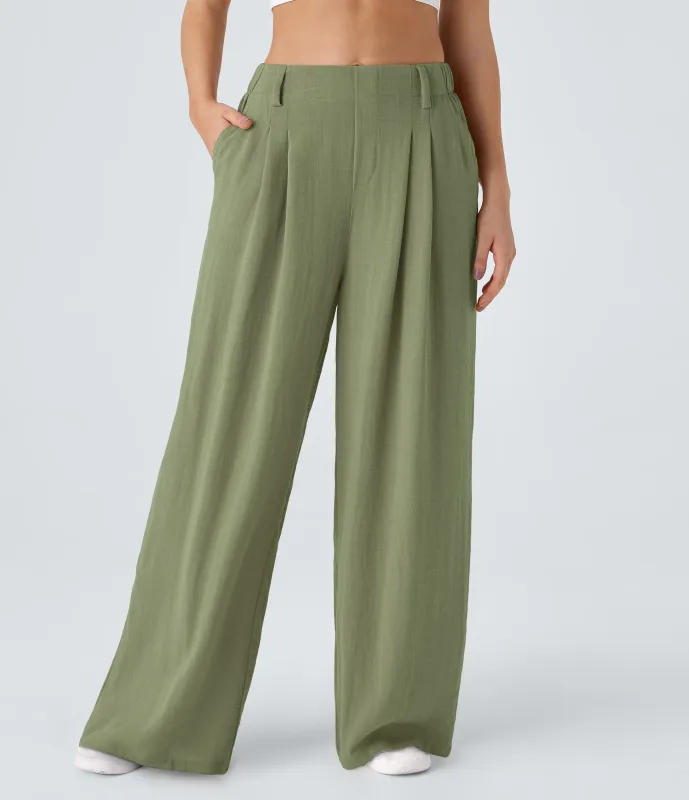 Halara Pantalón tiro alto bolsillo lateral plisado pierna ancha - Catkin Green - L(regular) made by Halara