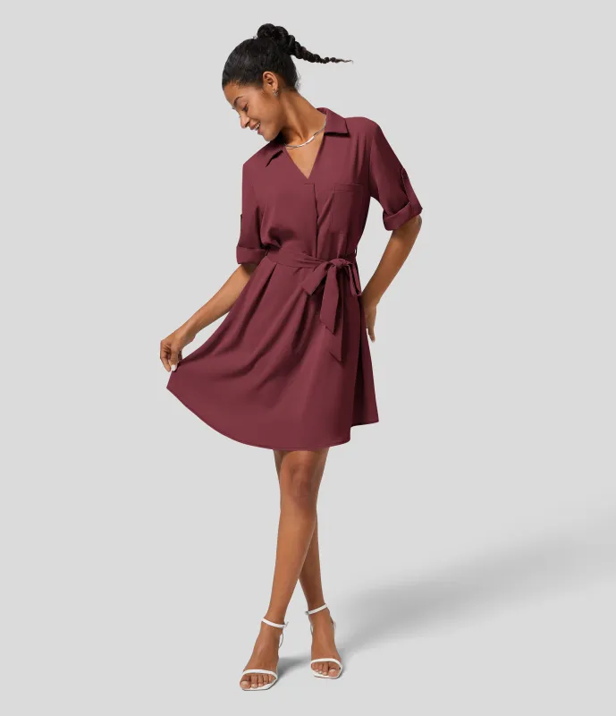 Halara Vestido camisero oficina midi cinturĂ³n manga enrollada cuello - Burgundy - XL made by Halara