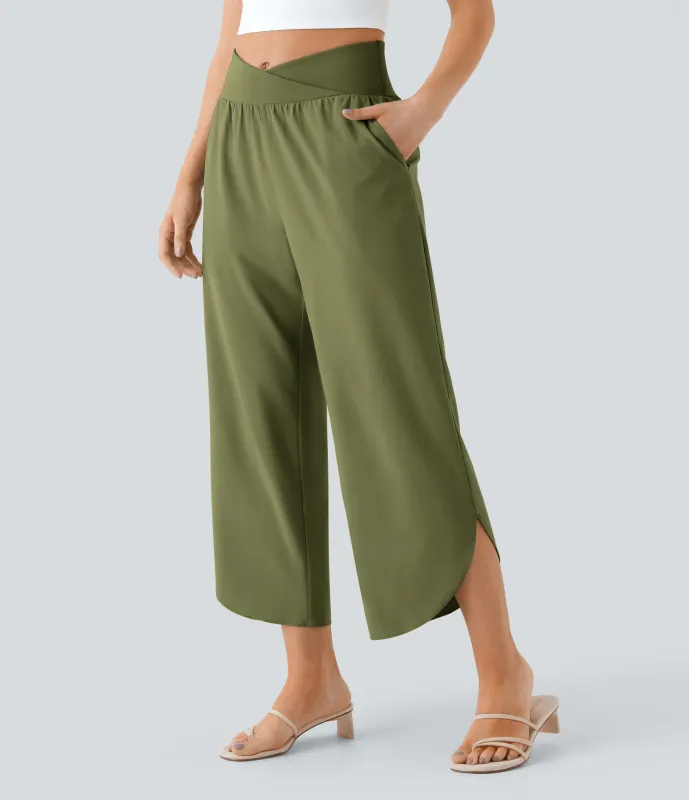 Halara Pantalón Breezeful™ Resort secado rápido abertura bolsillo lateral plisado cruzado tiro alto - Sphagnum - L(petite) made by Halara