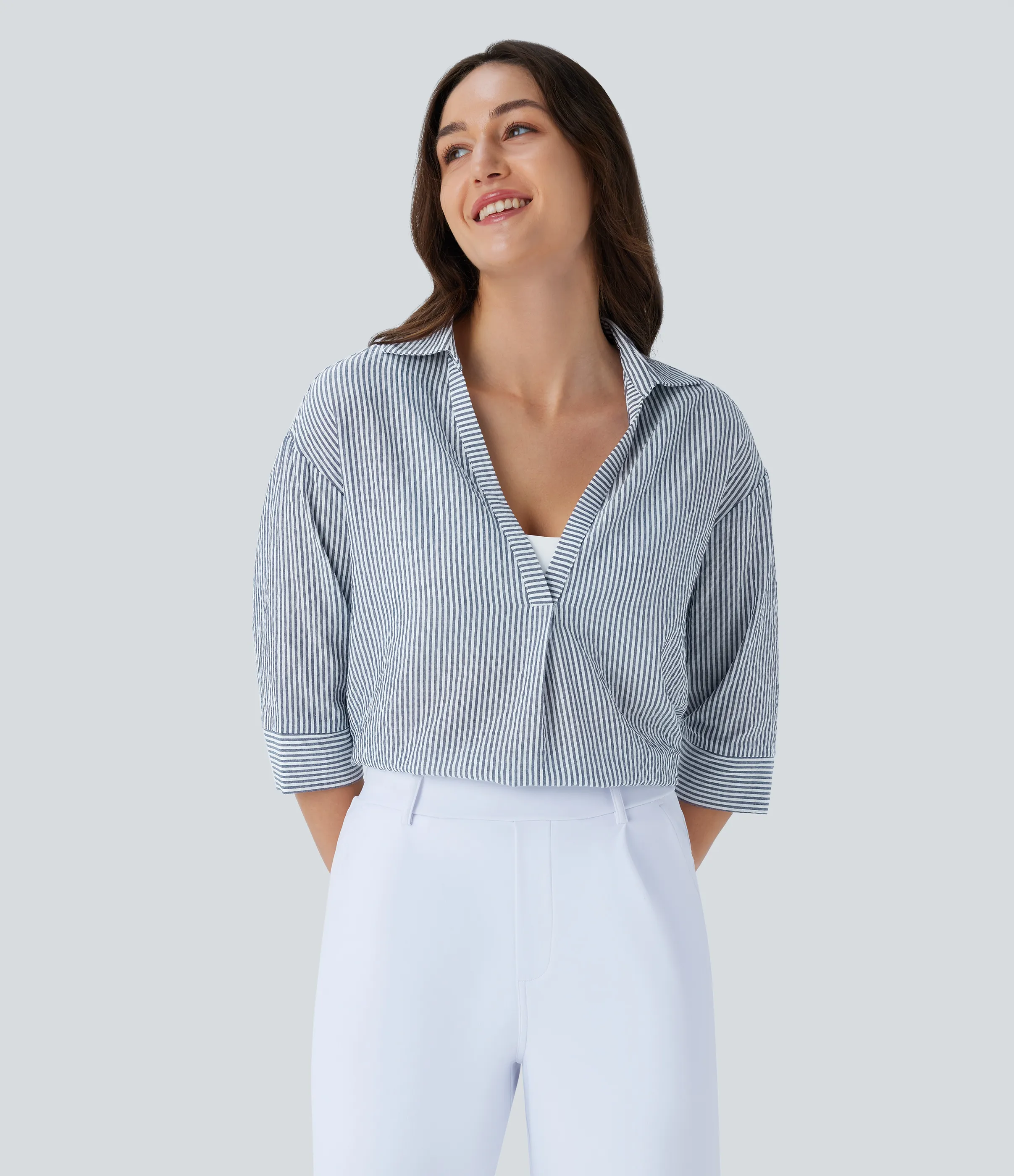 Halara Blusa oficina raya dobladillo curvo media manga - Azure White Stripe - M sold by Halara product image thumbnail 2