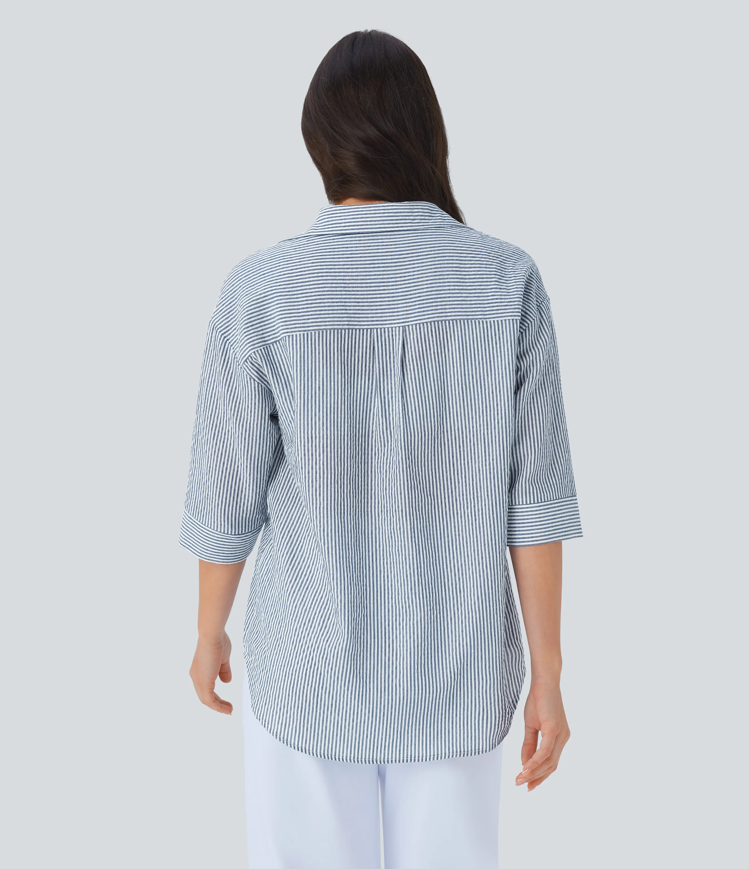Halara Blusa oficina raya dobladillo curvo media manga - Azure White Stripe - M sold by Halara product image thumbnail 3