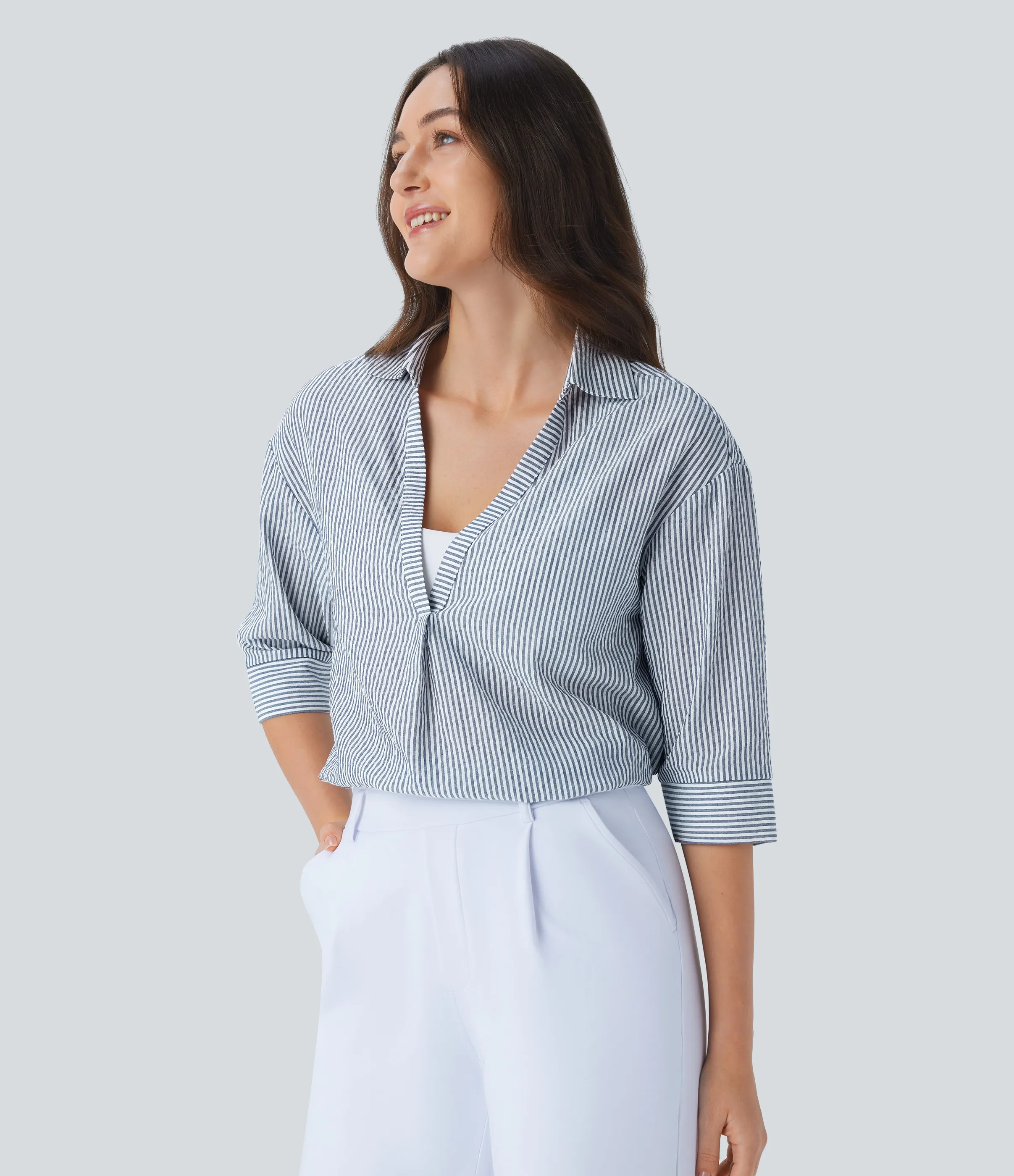 Halara Blusa oficina raya dobladillo curvo media manga - Azure White Stripe - M sold by Halara product image thumbnail 4