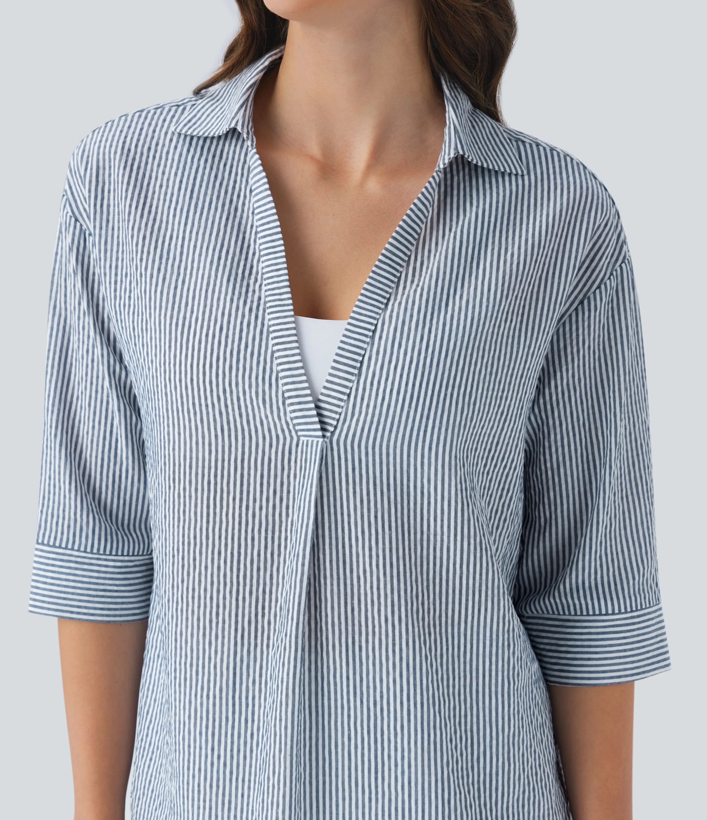 Halara Blusa oficina raya dobladillo curvo media manga - Azure White Stripe - M sold by Halara product image thumbnail 5