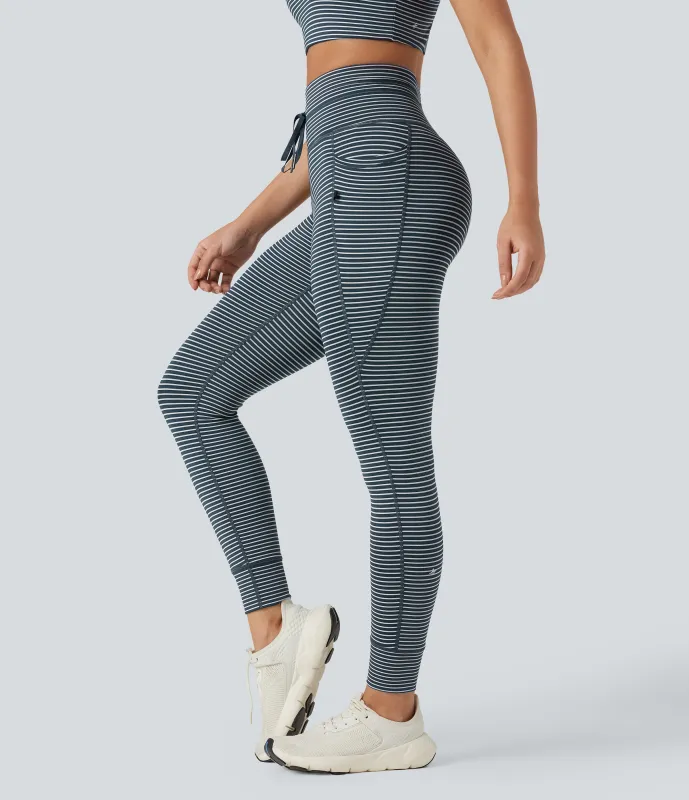 Halara Leggings de yoga de tiro alto a rayas con cordón y bolsillos - Oceanic Teal - XL(full_length) made by Halara