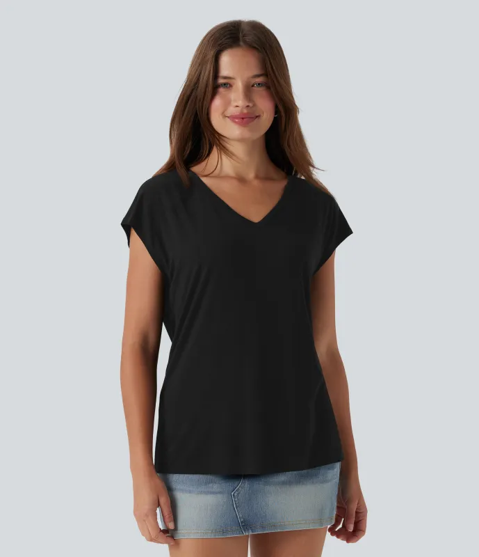 Halara Camiseta casual de manga corta con cuello en V - Black - S made by Halara