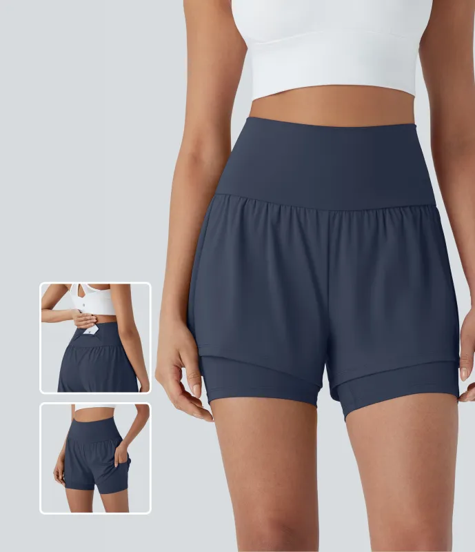 Halara Shorts de yoga Softlyzero™ Airy de tiro alto 2 en 1 de tacto fresco con bolsillos y 12.5 cm de largo - Mood Indigo - S made by Halara