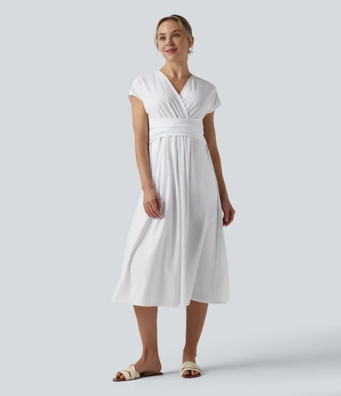 Halara Vestido casual midi Breezeful™ de secado rápido con cuello en V, manga corta, bolsillo lateral y lazo en la espalda - White - L made by Halara
