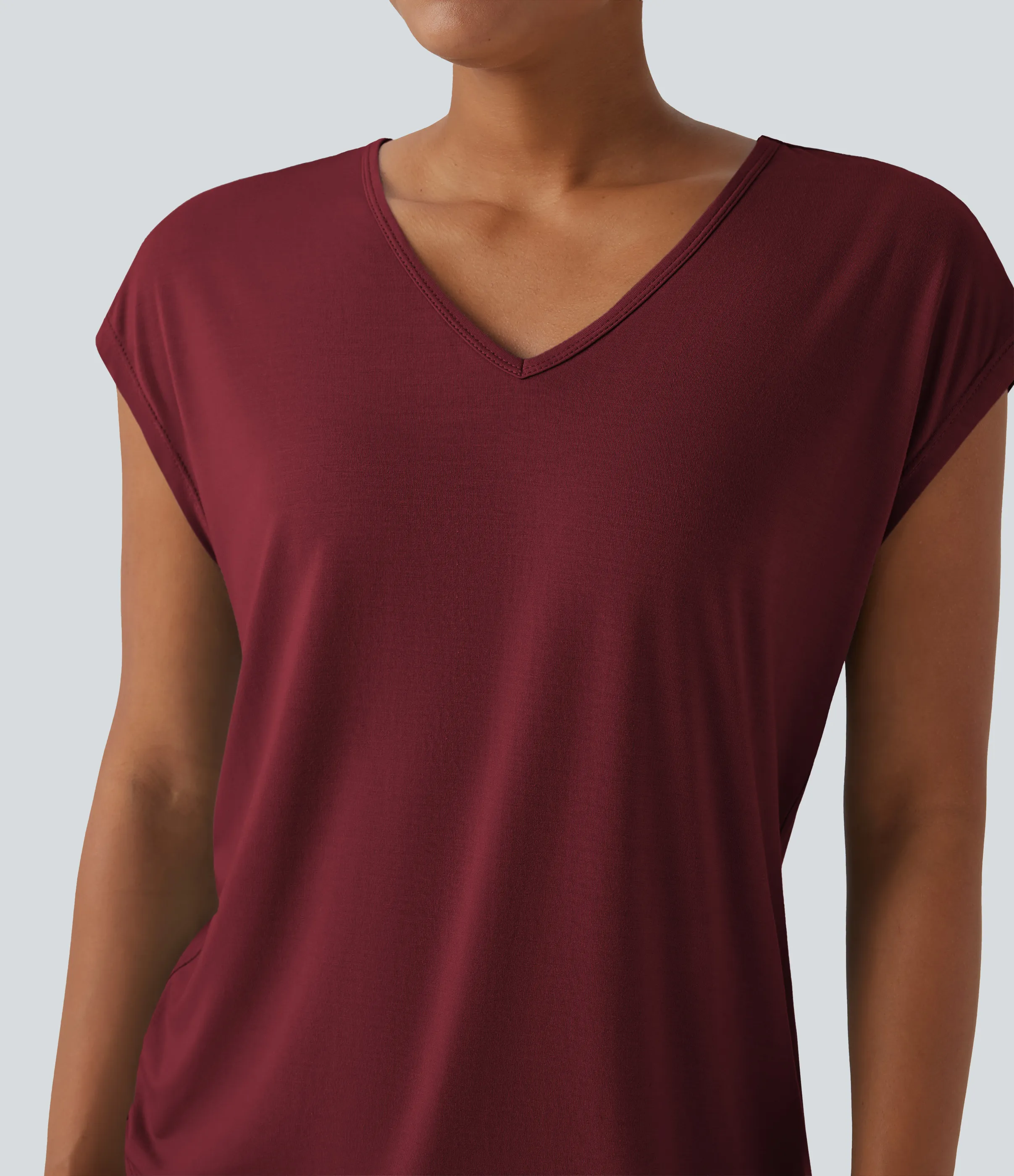 Halara Camiseta casual de manga corta con cuello en V - New Maroon - M sold by Halara product image thumbnail 5