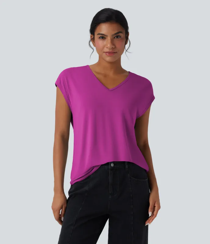 Halara Camiseta casual de manga corta con cuello en V - Fuchsia Fedora - M made by Halara