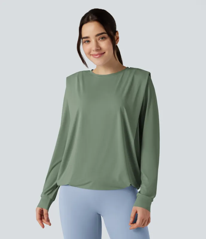 Halara Top deportivo de yoga fruncido de manga larga con cuello redondo - UPF50+ - Hedge Green - M made by Halara