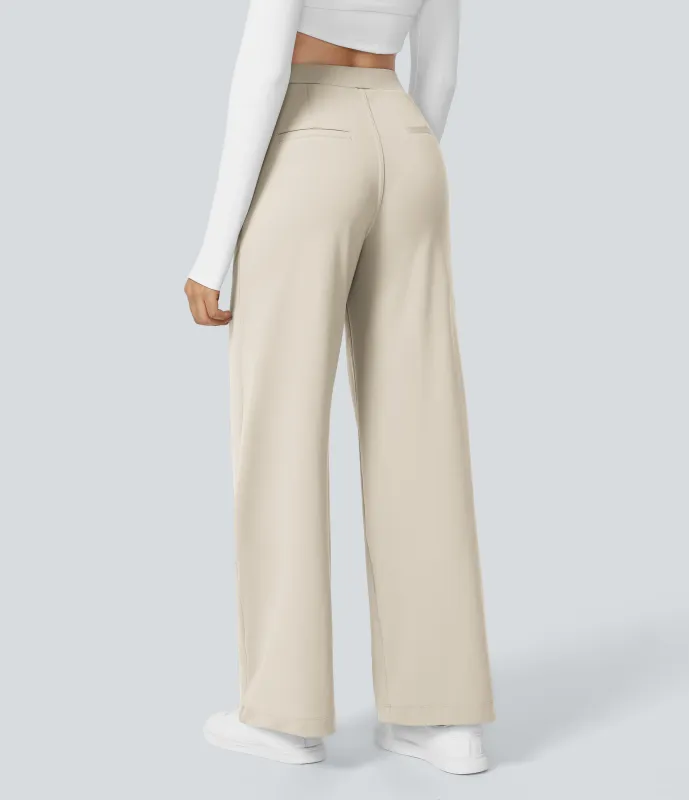 Halara Pantalón oficina pierna recta bolsillo lateral tiro alto pliegue - Oat Milk - S(ultratall) made by Halara