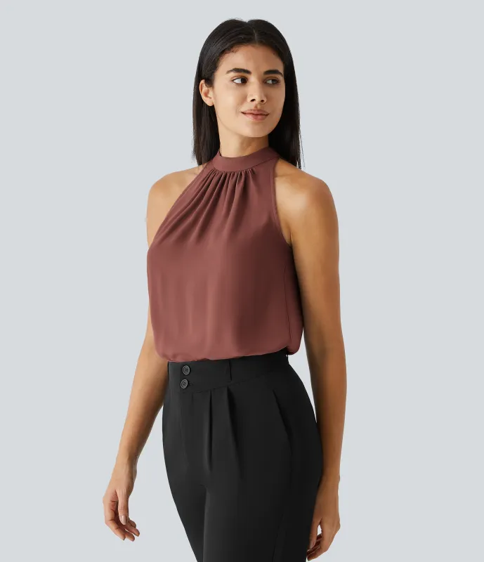 Halara Blusa oficina dobladillo curvado sin manga plisada abertura espalda halter - Mahogany - L made by Halara