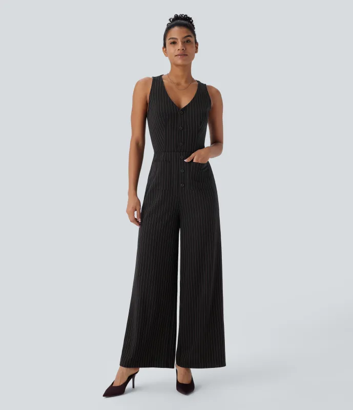 Halara Mono oficina cuello V sin mangas bolsillo delantero recortado pierna ancha rayas tacto fresco - Black Brown Black Pinstripe - XS(petite) made by Halara