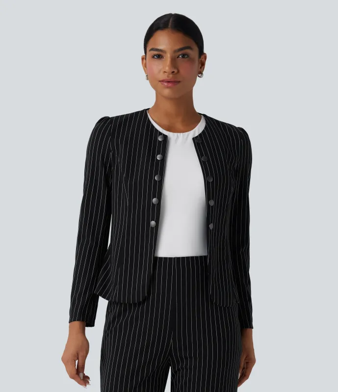 Halara Blazer de oficina con cuello redondo de manga larga y parte delantera abierta - Black White Pinstripe - S made by Halara