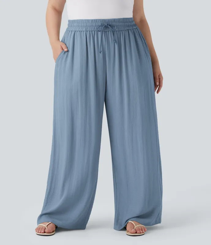 Halara Pantalón lino tiro alto cordón ajustable pierna ancha bolsillo talla grande - Mountain Spring - 1X(petite) made by Halara