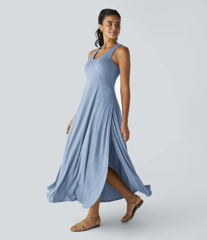 Halara Vestido sin mangas largo fluido dividido sin espalda cuello U - Cloudlight Blue - S made by Halara