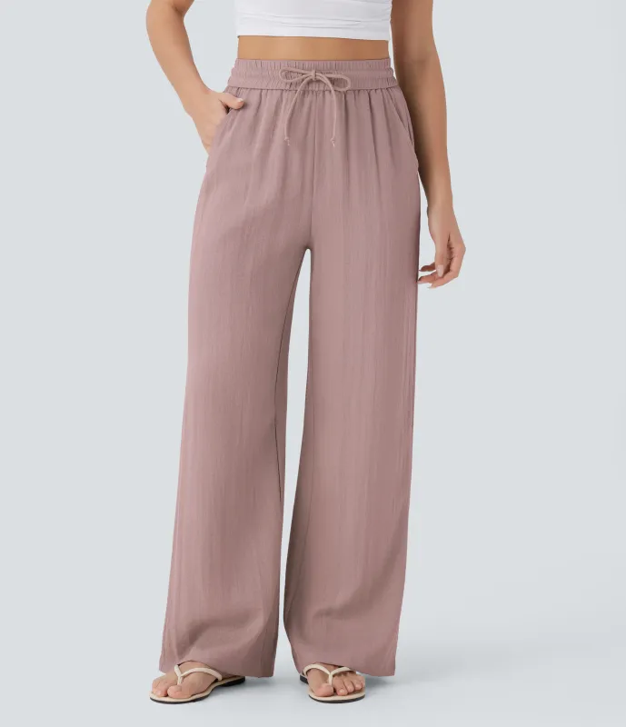 Halara Pantalón lino tiro alto cordón ajustable bolsillo lateral pierna ancha - Deauville Mauve - L(extall) made by Halara