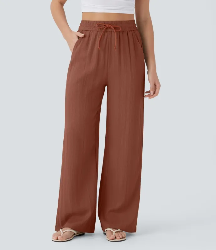 Halara Pantalón lino tiro alto cordón ajustable bolsillo lateral pierna ancha - Sequoia - S(extall) made by Halara