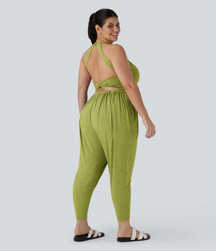 Halara Mono talla grande sin espalda diseño harén torcido bolsillo lateral - Edición Easy Peezy - Soft Meadow Green - 3X(regular) made by Halara