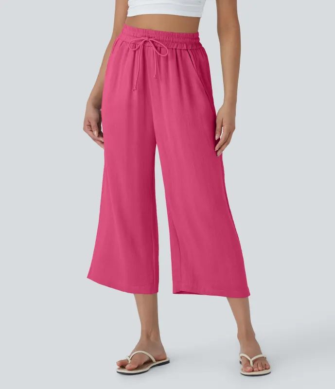Halara Pantalón lino tiro alto cordón ajustable pierna ancha bolsillo lateral - Raspberry Sorbet - S(regular) made by Halara