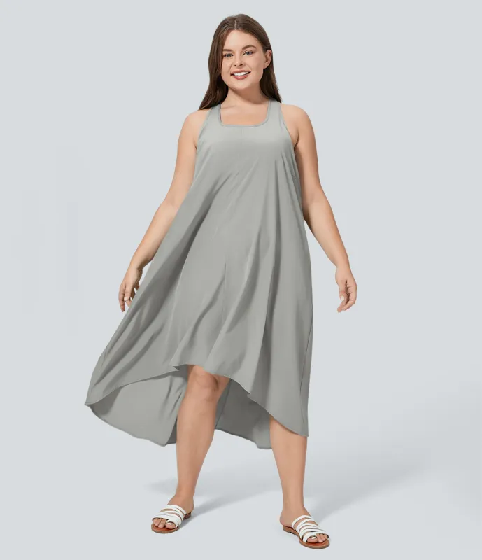 Halara Vestido Breezeful™ sin espalda cruzada bolsillo lateral alto bajo fluido media pierna secado rápido talla grande - Dust Gray - 3X made by Halara