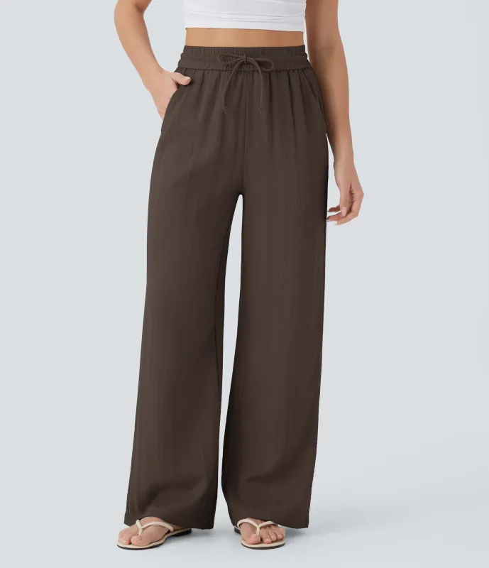 Halara Pantalón lino tiro alto cordón ajustable bolsillo lateral pierna ancha - Chocolate Martini - L(petite) made by Halara