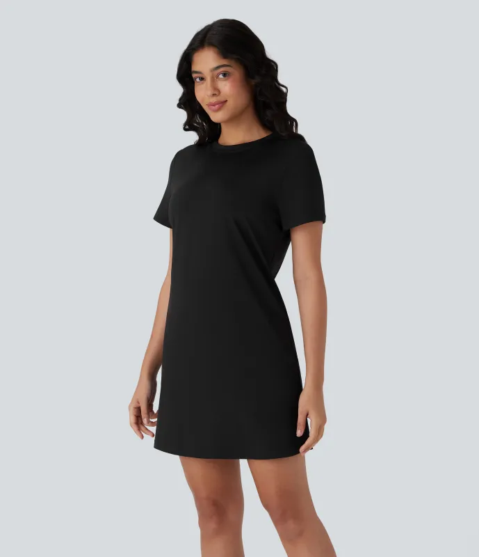 Halara Vestido mini tipo camiseta casual de manga corta con color liso y cuello redondo - Black - XS made by Halara