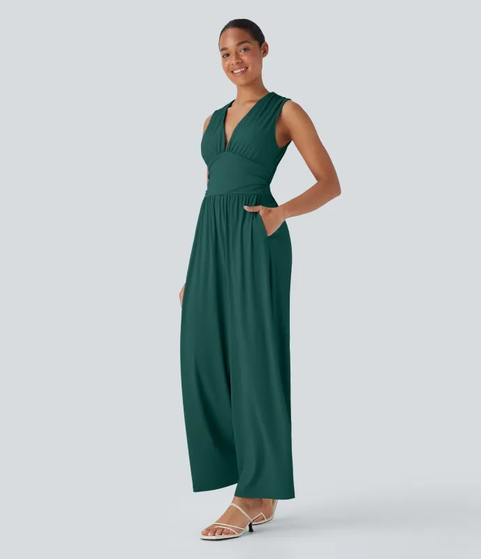 Halara Mono casual Softlyzero™ sin mangas con escote en V fruncido con bolsillos laterales, cremallera invisible y tacto fresco - Easy Peezy - Forest Biome - XS(regular) made by Halara