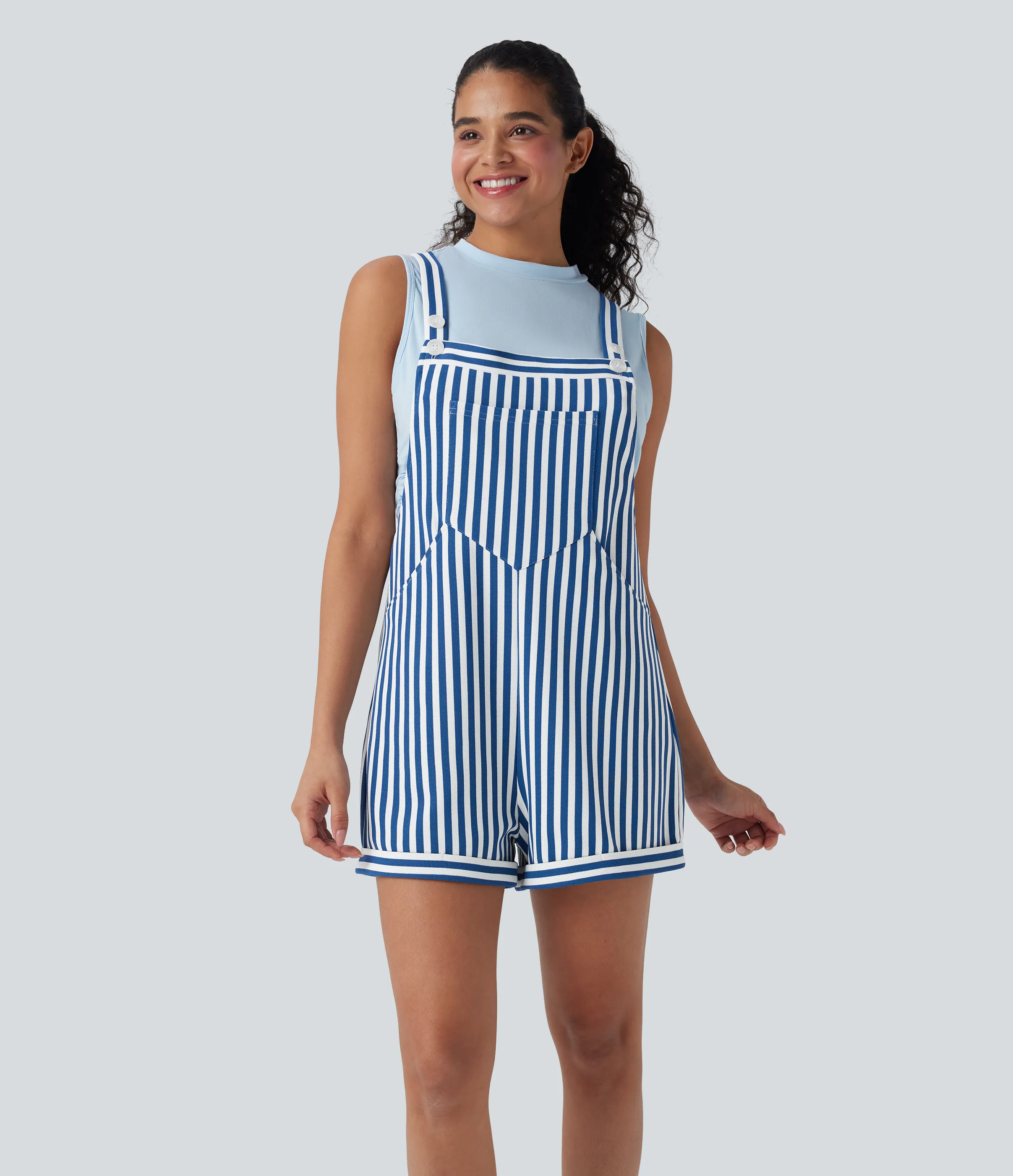 Halara Overol resort gofre raya múltiple bolsillo botón correa ajustable - Cerulean Stripes - M sold by Halara