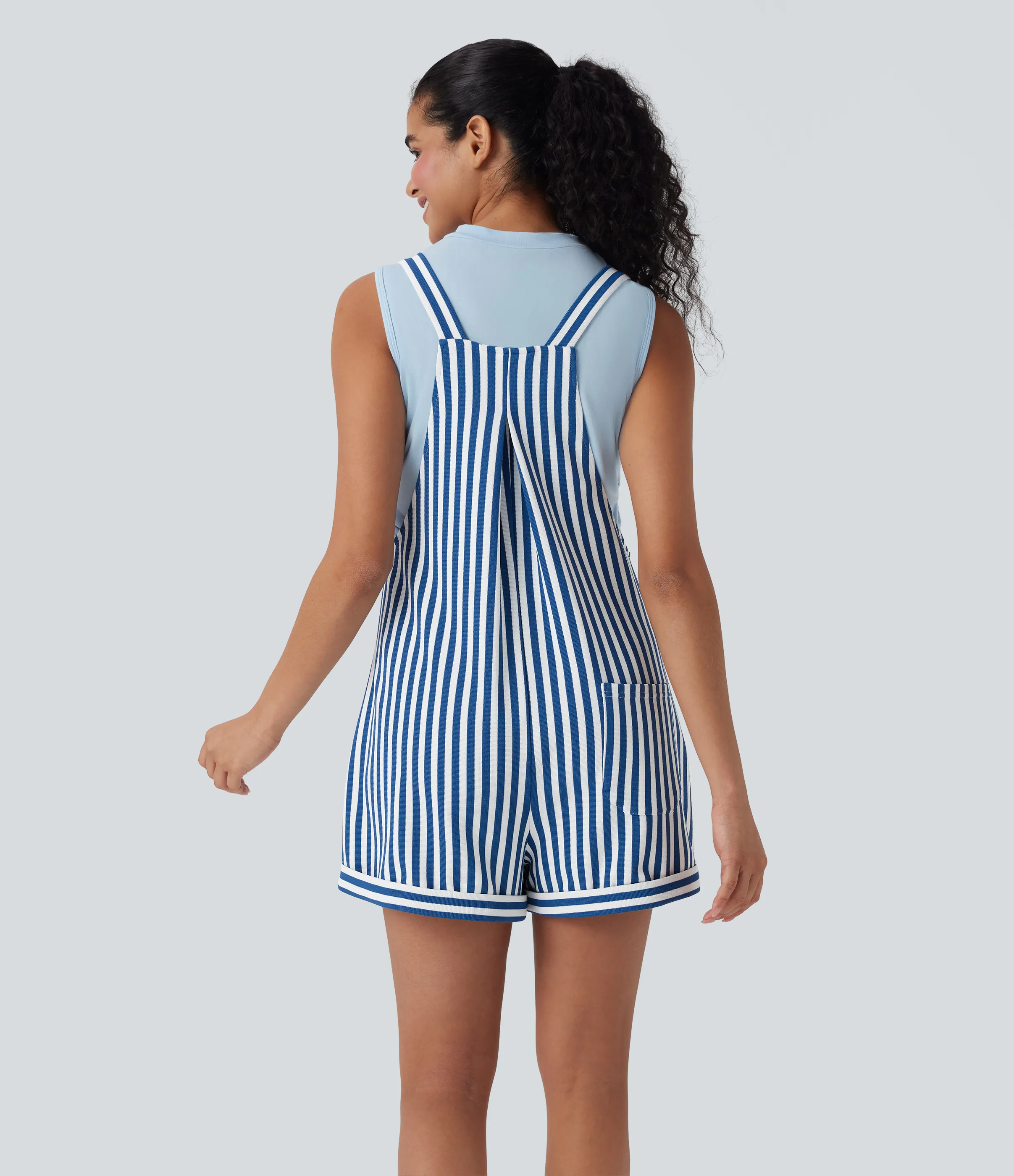 Halara Overol resort gofre raya múltiple bolsillo botón correa ajustable - Cerulean Stripes - M sold by Halara product image thumbnail 3