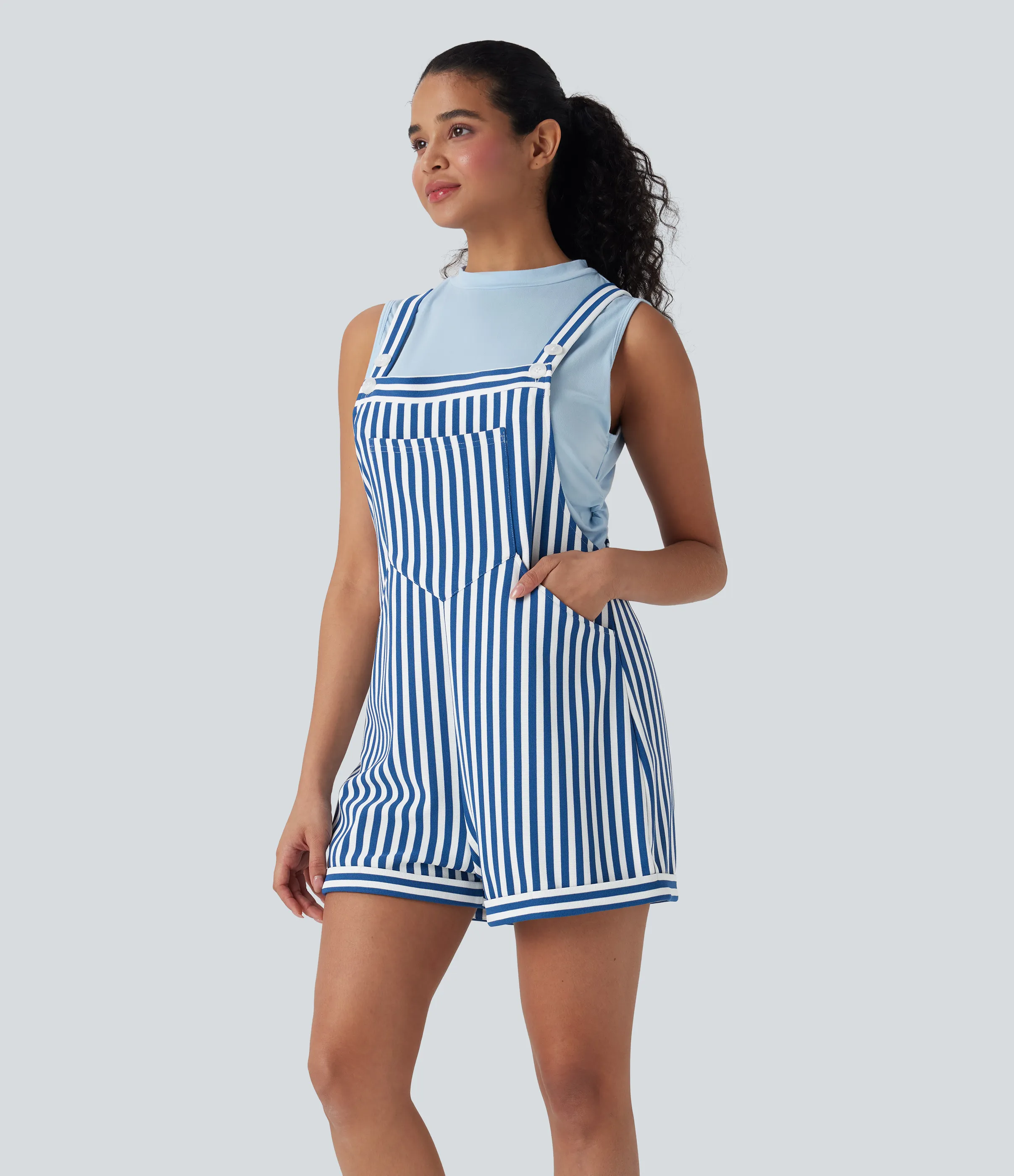Halara Overol resort gofre raya múltiple bolsillo botón correa ajustable - Cerulean Stripes - M sold by Halara product image thumbnail 4