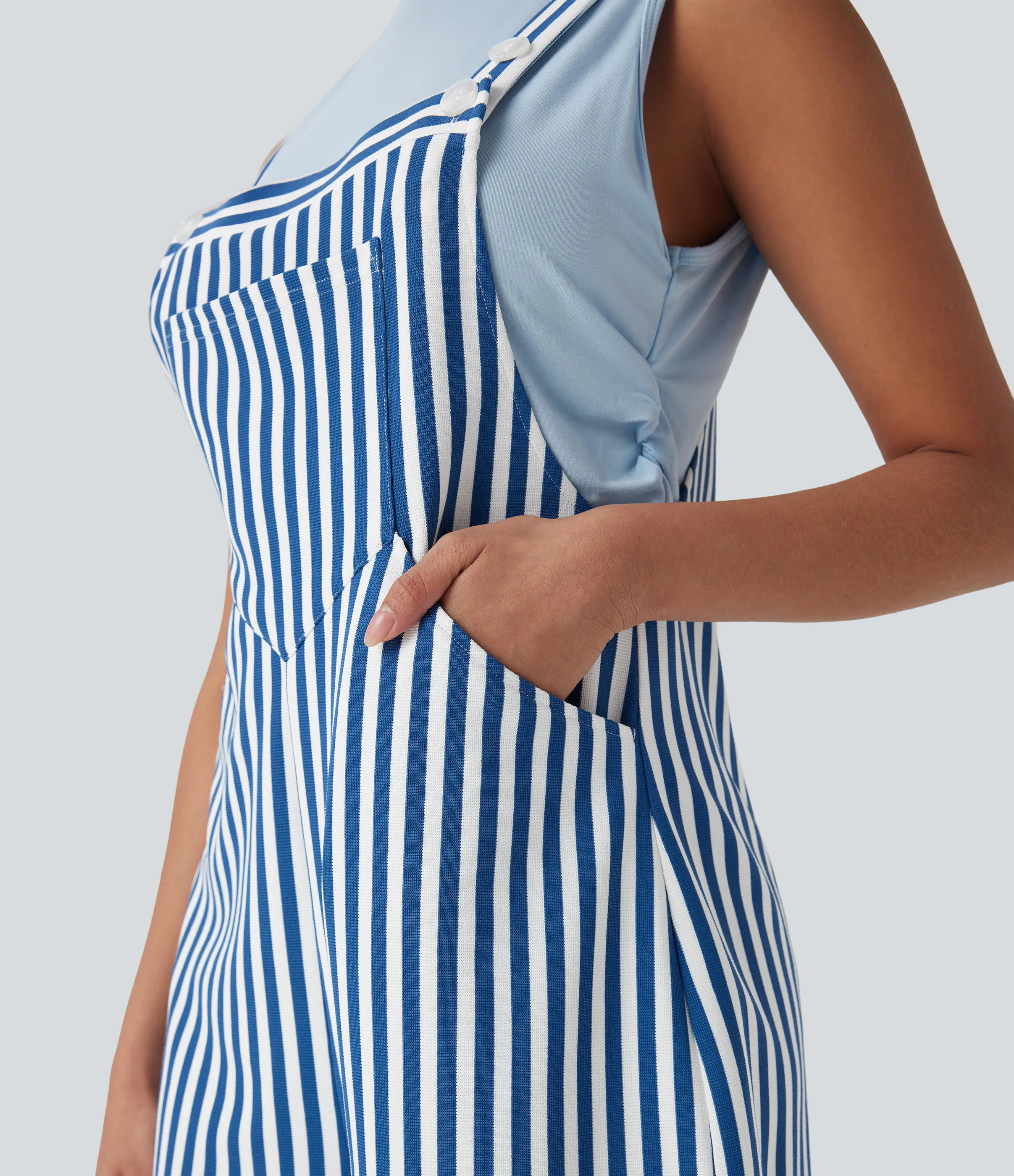 Halara Overol resort gofre raya múltiple bolsillo botón correa ajustable - Cerulean Stripes - M sold by Halara product image thumbnail 5