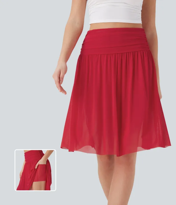 Halara Falda midi casual 2 en 1 holgada de tiro alto fruncido con malla en contraste y bolsillos laterales - Ribbon Red - L(regular) made by Halara