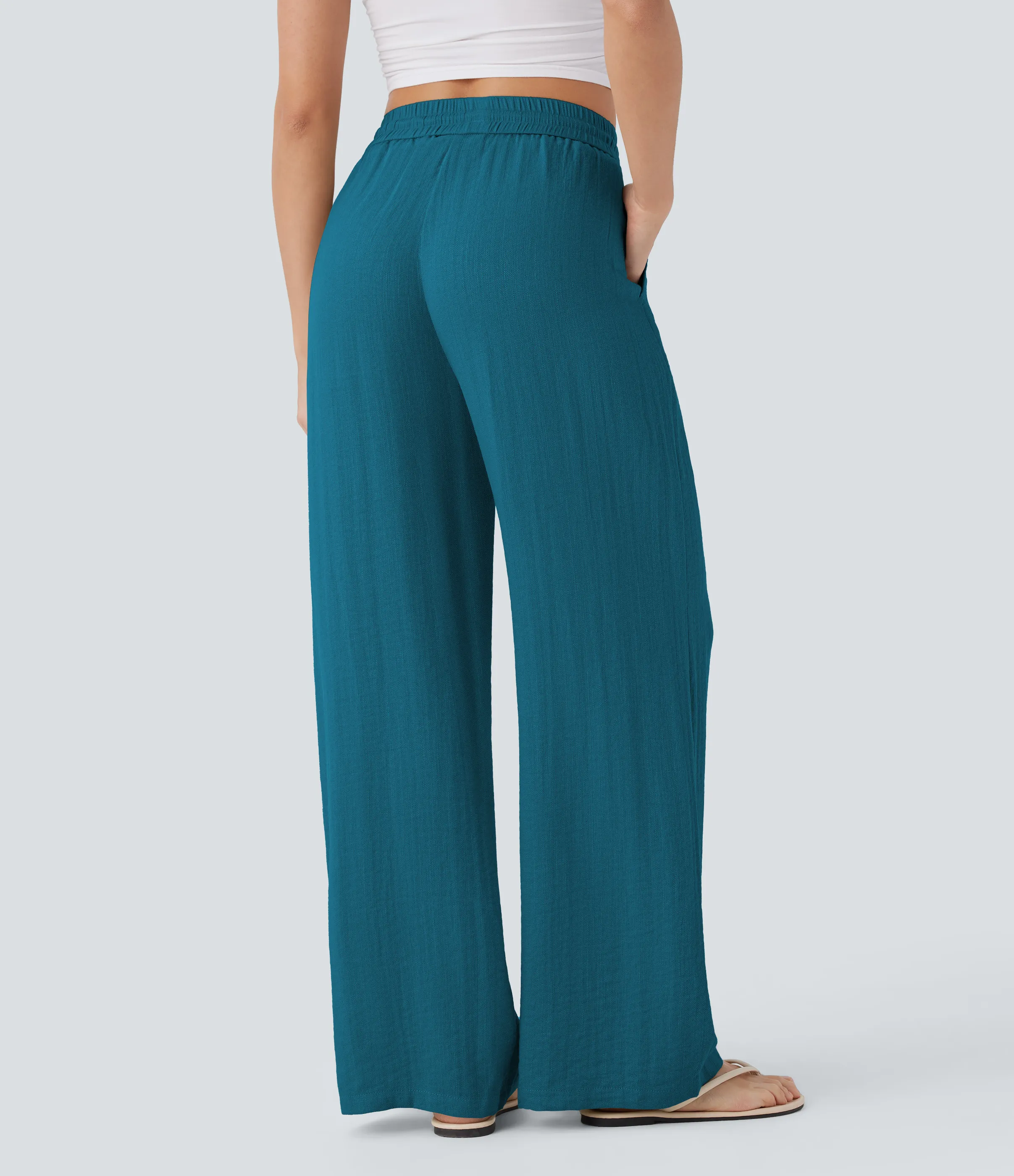 Halara Pantalón lino tiro alto cordón ajustable bolsillo lateral pierna ancha - Crystal Teal - XL(extall) sold by Halara product image thumbnail 3
