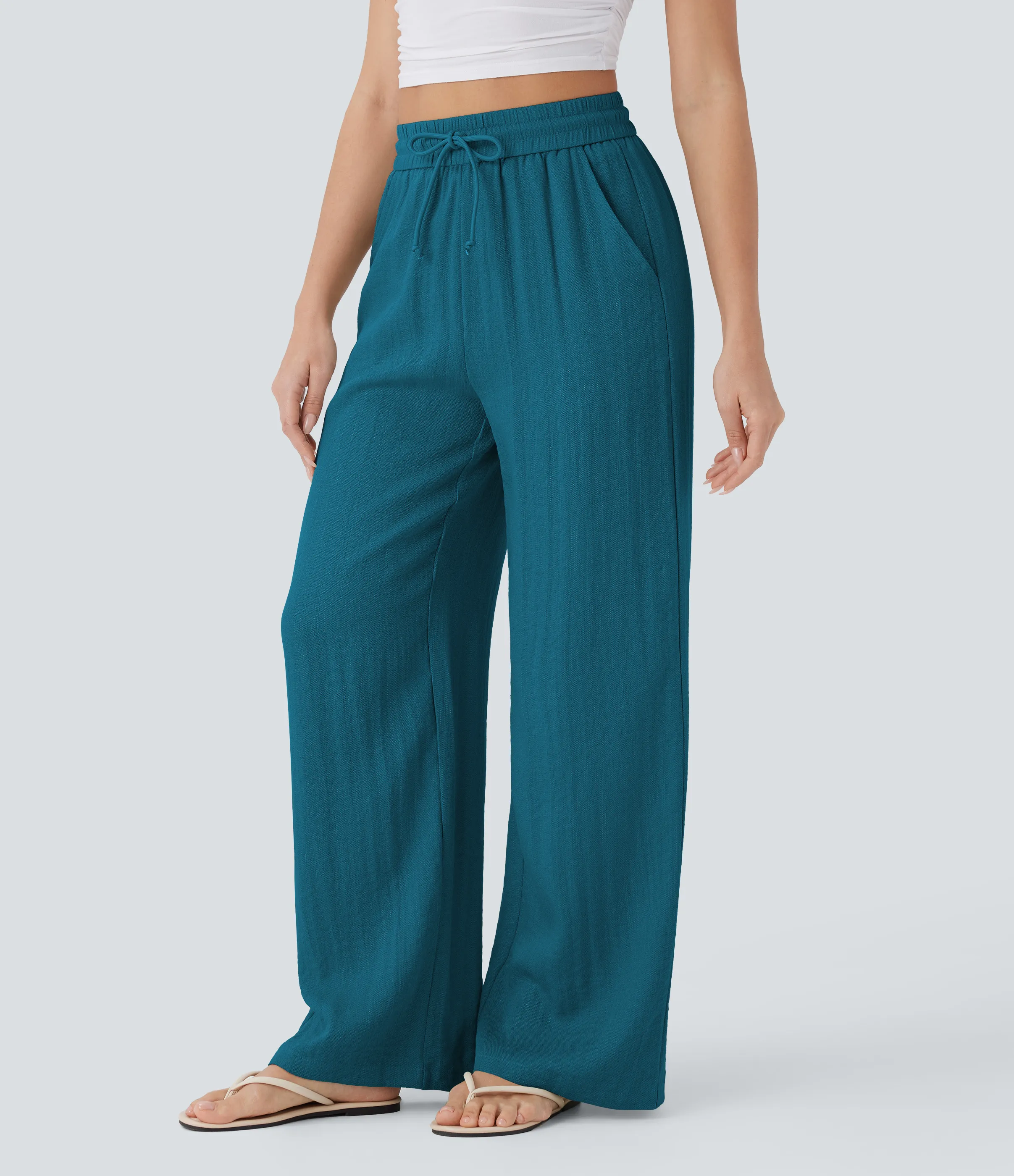 Halara Pantalón lino tiro alto cordón ajustable bolsillo lateral pierna ancha - Crystal Teal - XL(extall) sold by Halara product image thumbnail 4