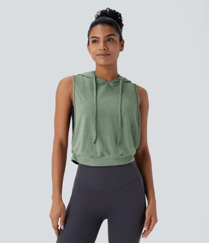 Halara Camiseta sin mangas corta correr capucha cordón ajustable - Hedge Green - XL made by Halara