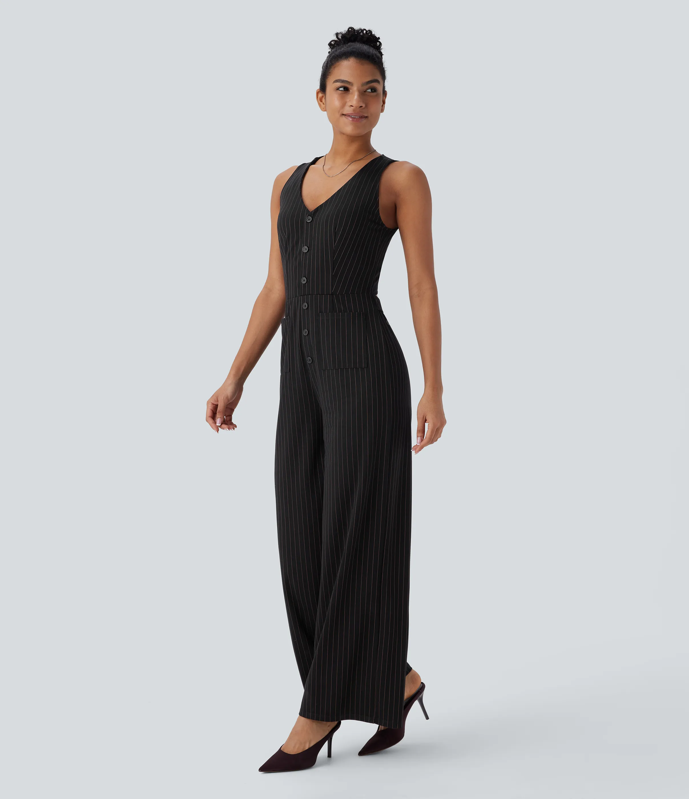 Halara Mono oficina cuello V sin mangas bolsillo delantero recortado pierna ancha rayas tacto fresco - Black Brown Black Pinstripe - L(petite) sold by Halara product image thumbnail 4