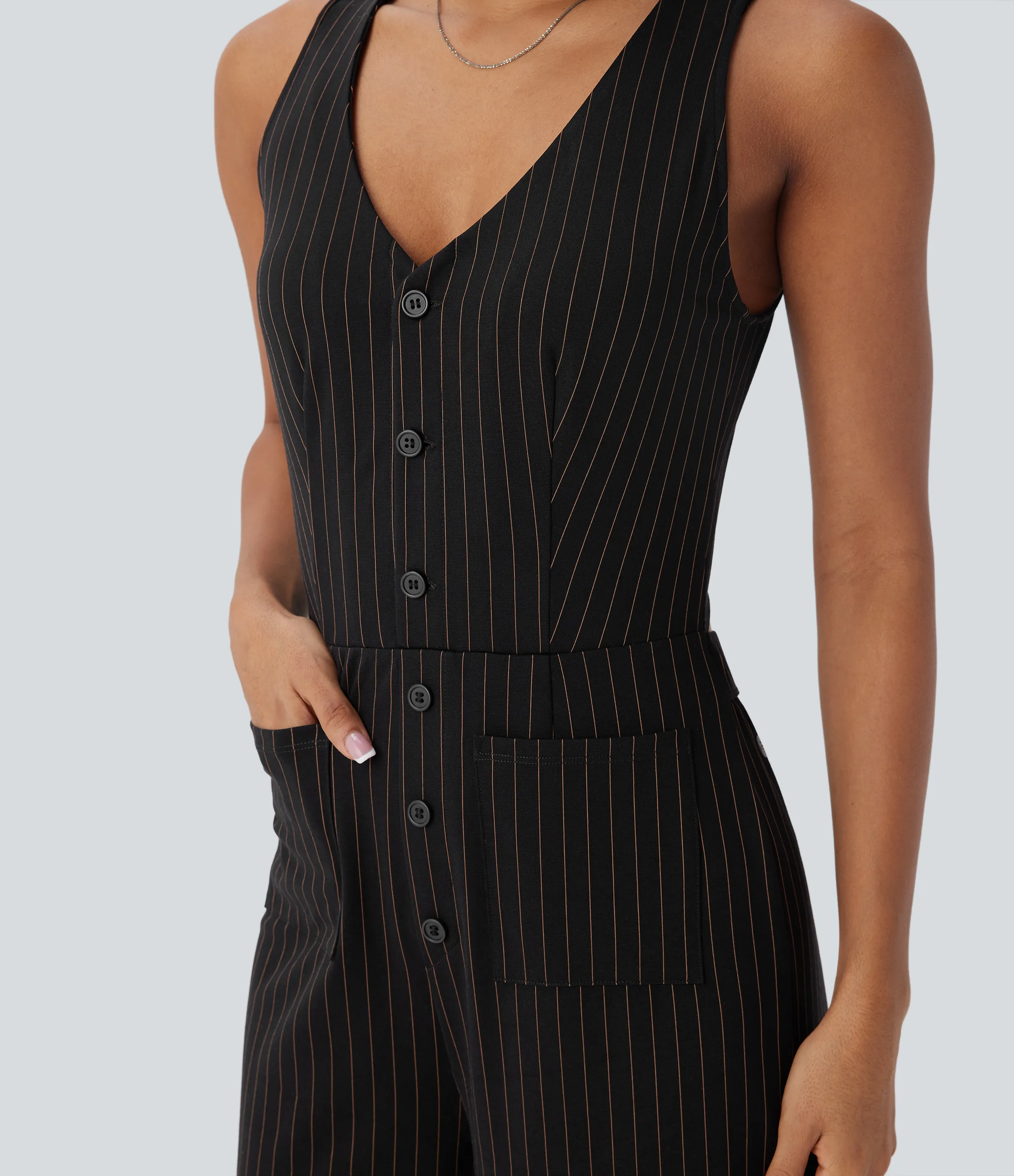 Halara Mono oficina cuello V sin mangas bolsillo delantero recortado pierna ancha rayas tacto fresco - Black Brown Black Pinstripe - L(petite) sold by Halara product image thumbnail 5