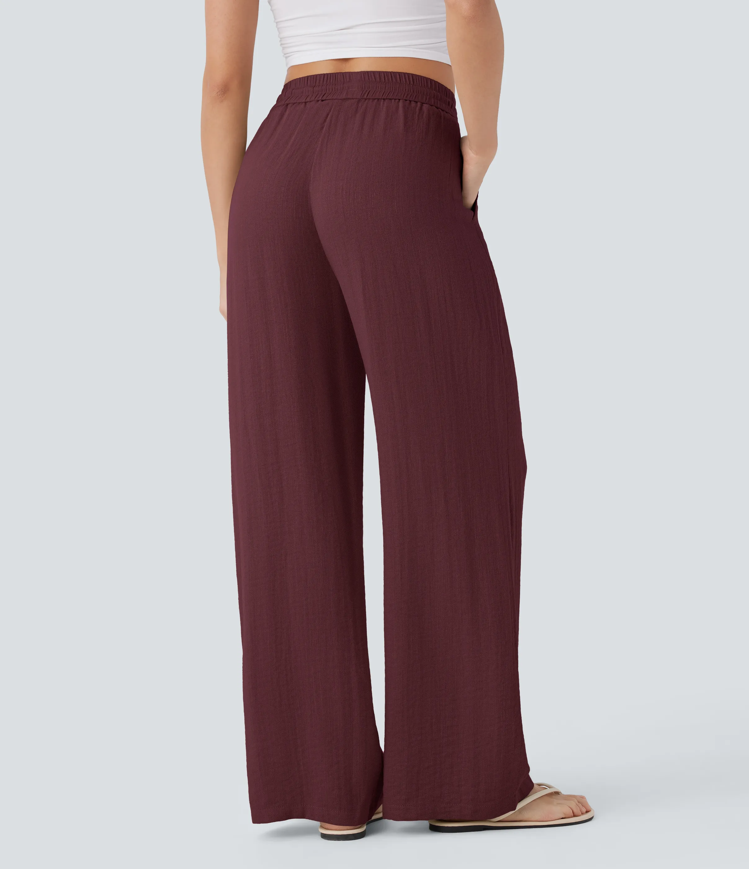 Halara Pantalón lino tiro alto cordón ajustable bolsillo lateral pierna ancha - Zinfandel - L(extall) sold by Halara product image thumbnail 3