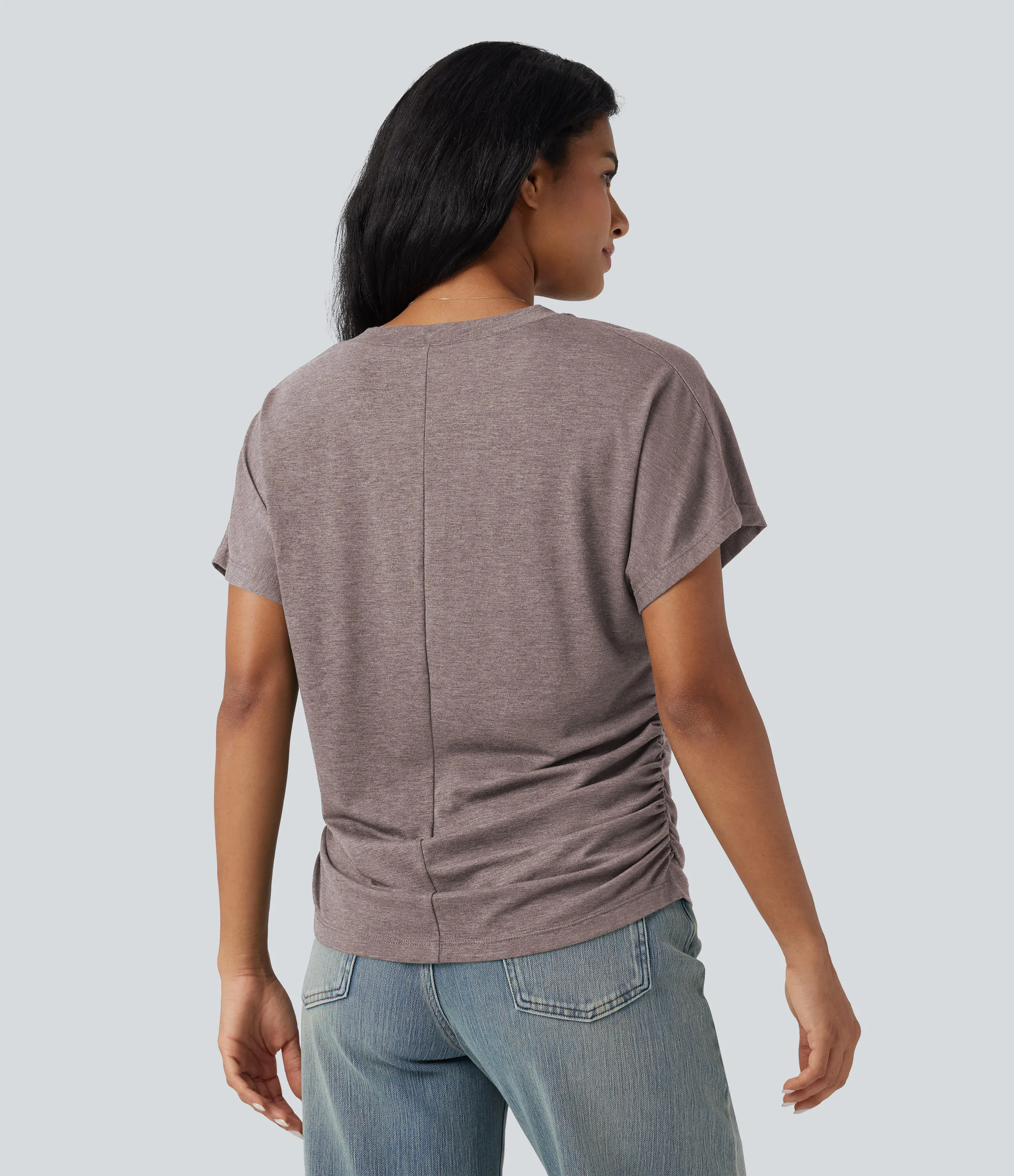 Halara Top casual holgado de manga corta con cuello en V y fruncido - Deep Tea Brown Floral Yarn - XL sold by Halara product image thumbnail 3