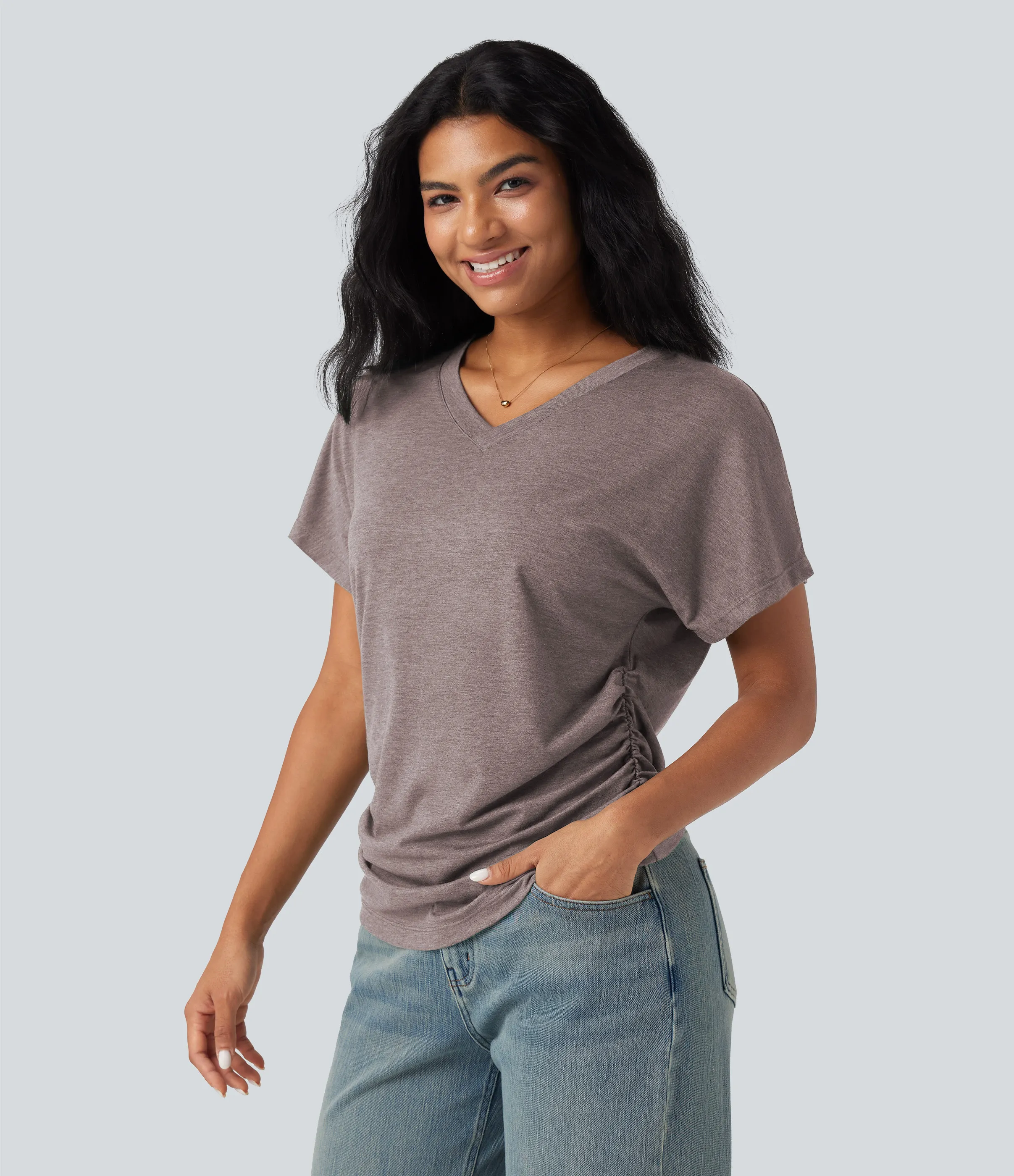 Halara Top casual holgado de manga corta con cuello en V y fruncido - Deep Tea Brown Floral Yarn - XL sold by Halara product image thumbnail 4