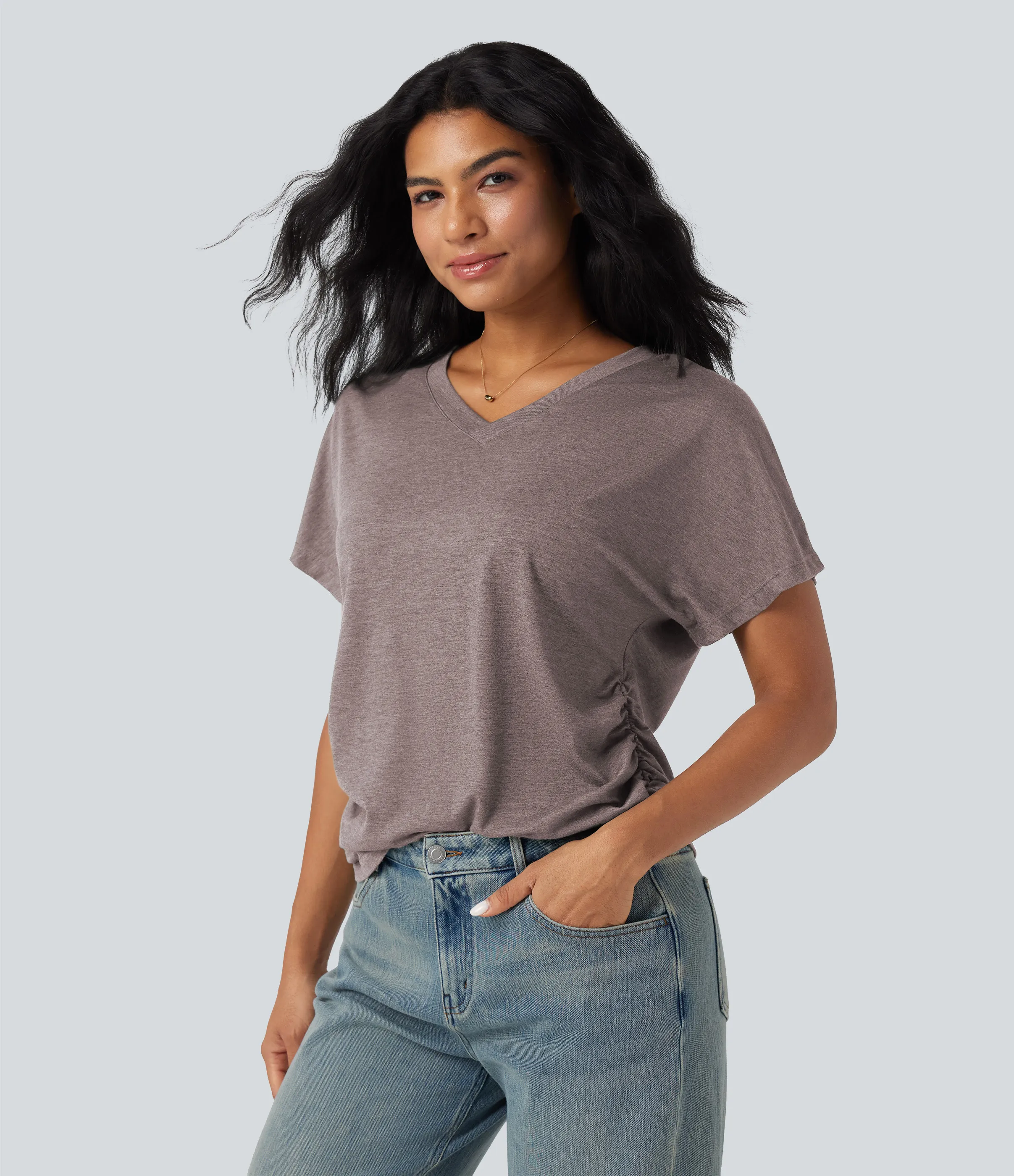 Halara Top casual holgado de manga corta con cuello en V y fruncido - Deep Tea Brown Floral Yarn - XL sold by Halara product image thumbnail 5