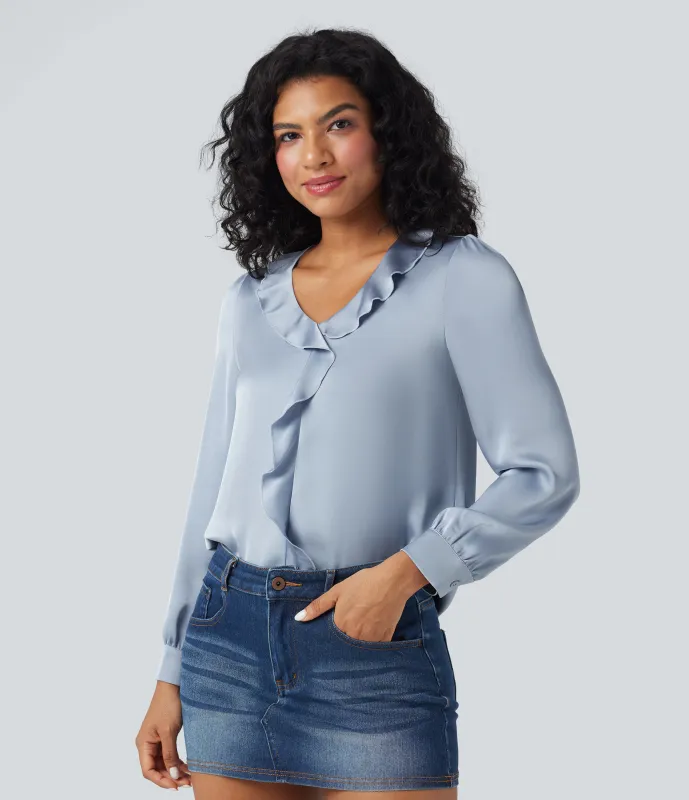 Halara Camisa casual de satén con cuello en V y manga larga con ribete de volantes - Sheer Blue - S made by Halara