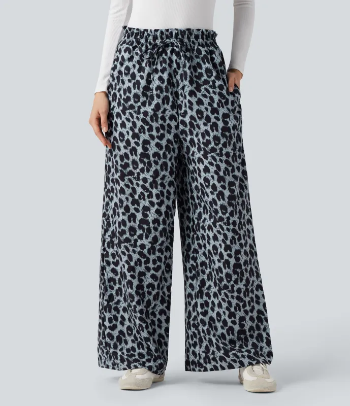 Halara Pantalón pierna ancha estampado leopardo bolsillo lateral cordón tiro alto - Moonshadow Leopard - S(regular) made by Halara