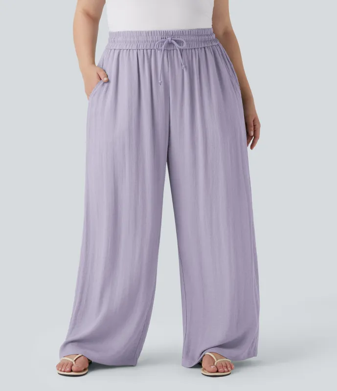 Halara Pantalón lino tiro alto cordón ajustable pierna ancha bolsillo talla grande - Wanderlust - Lilac - 1X(regular) made by Halara