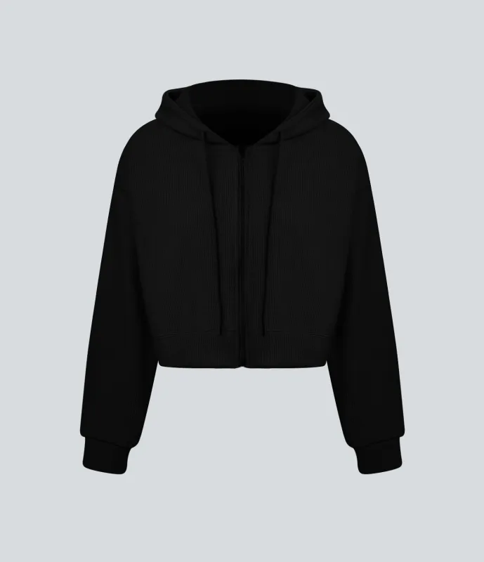 Halara Sudadera deportiva algodón recortada cremallera cordón capucha gofre - Black - L made by Halara